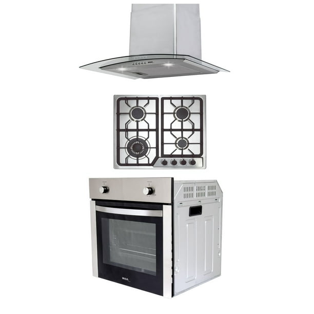 Combo Parrilla a Gas 4 Quemadores Acero Inox, Campana Cristal 60 cm y Horno a Gas LP para Empotrar 60 cm Acero Inox. Disa Home PAEM4/CAMPC60C/HGEMP24AI