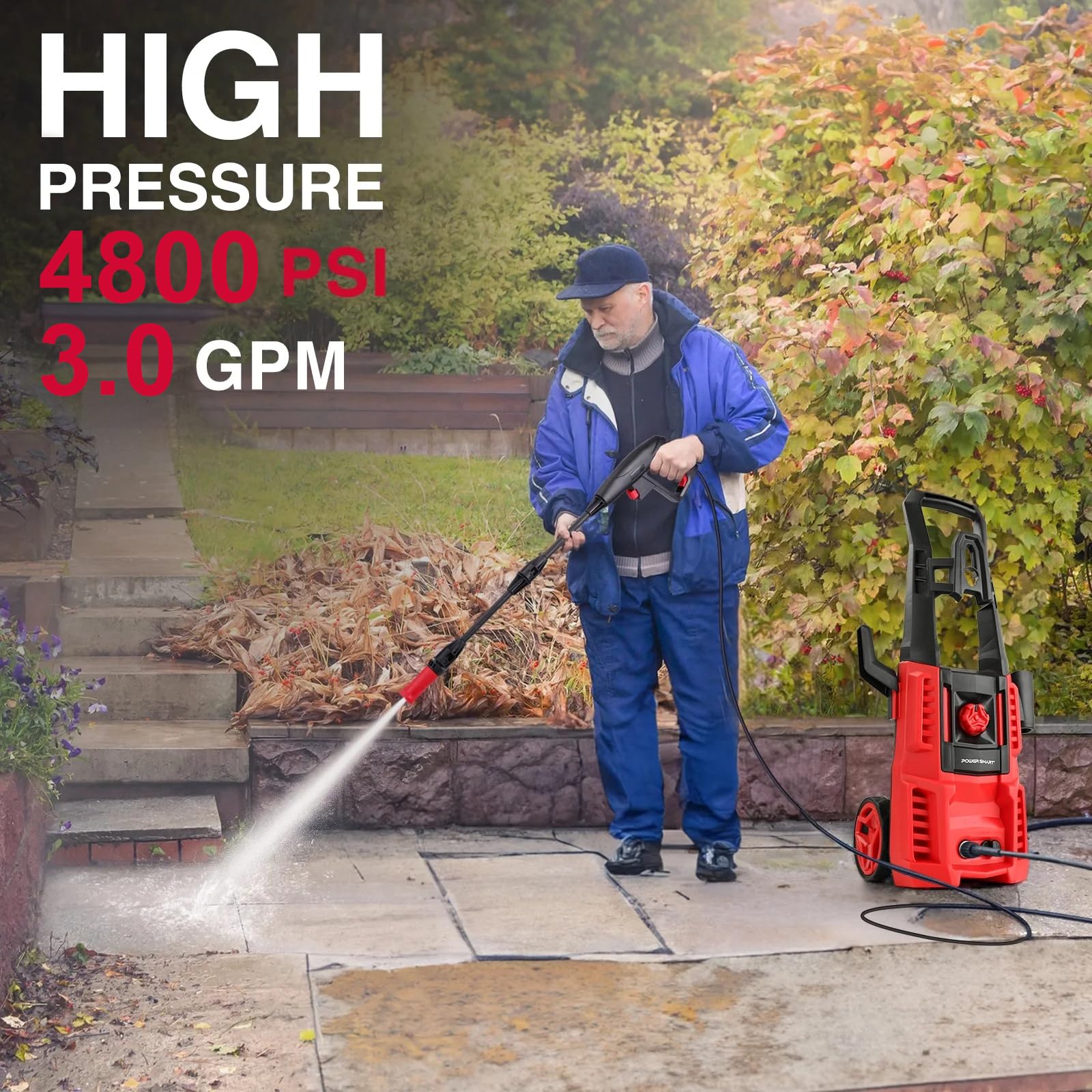 PowerSmart - Lavadora a presión eléctrica – 2200 PSI MAX 1.2 GPM Power Washer con Ruedas, Tanque de jabón a Bordo, Juego de 5 boquillas y Varita de Metal, Limpiador Profesional de Alta presión para