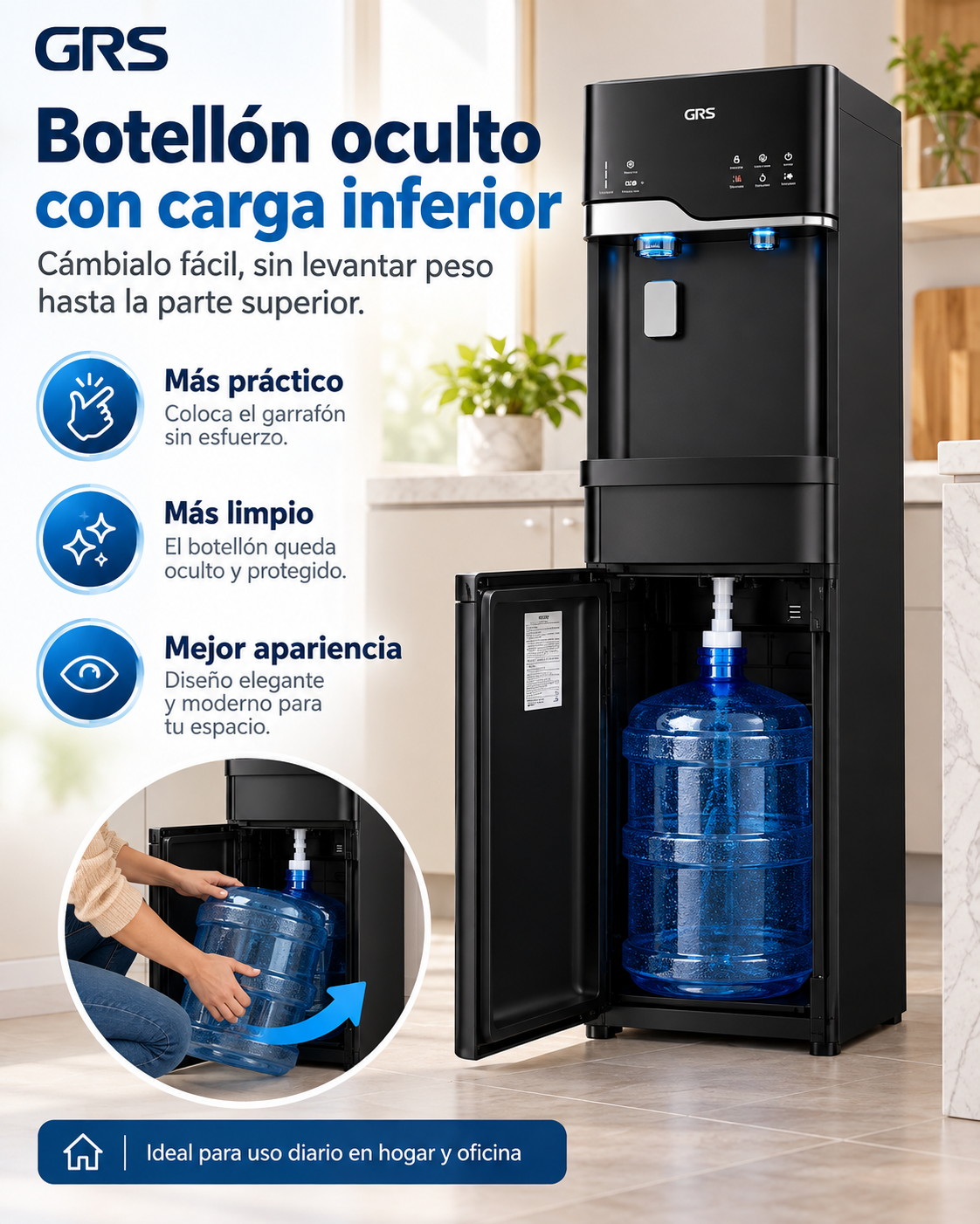 Dispensador de agua 3 temperaturas botellón oculto con fabrica de hielo GWIM3TBSO0 GRS