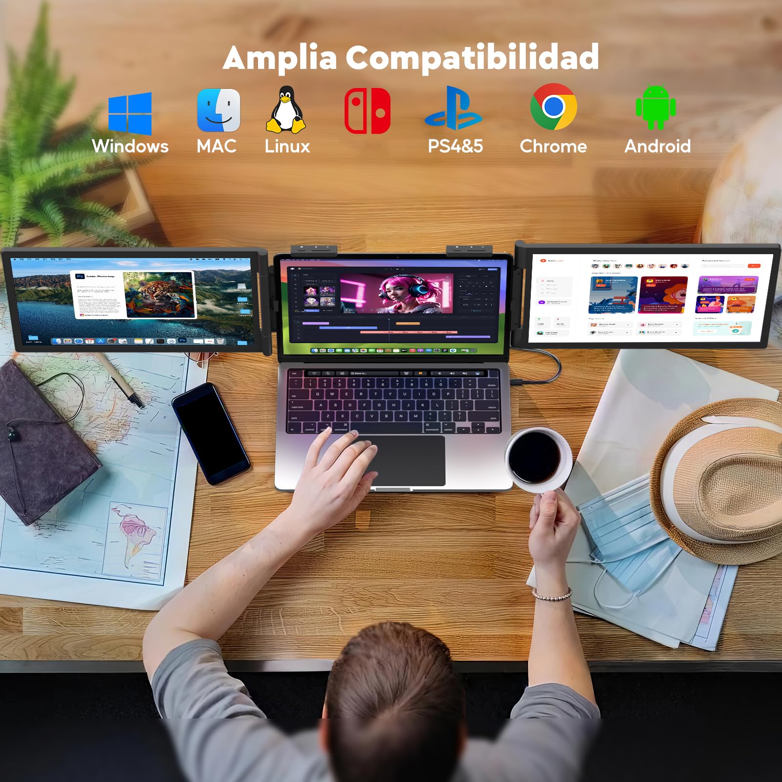 Szory Extensor de Pantalla para Laptop, Monitor Portátil IPS FHD 1080P de 14", Pantalla Triple Compatible con Laptops de 14" a 16", Windows y Mac, Incluye Bolsa de Transporte