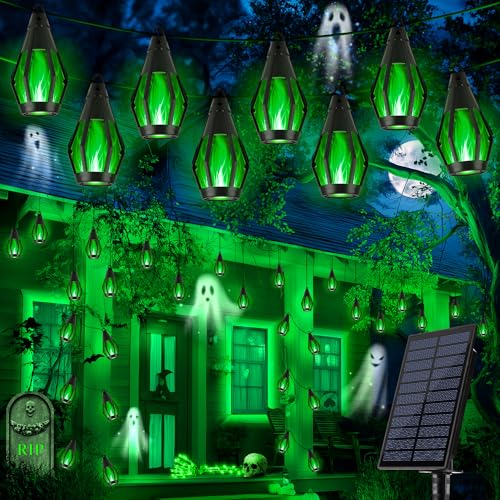 🎃 Luces Solares de Halloween 78 FT con 30 LED | Llama Parpadeante | Blanco Cálido + Púrpura