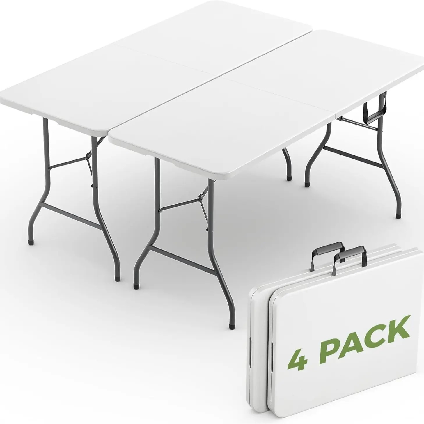Paquete de 2 o 4 mesas plegables de 1,8 metros (6 pies): mesas de plástico resistente con asas de transporte, diseño portátil plegable por la mitad y patas de acero; ideales para fiestas, bodas, banquetes, acampadas, pícnics y eventos (uso en interiores y