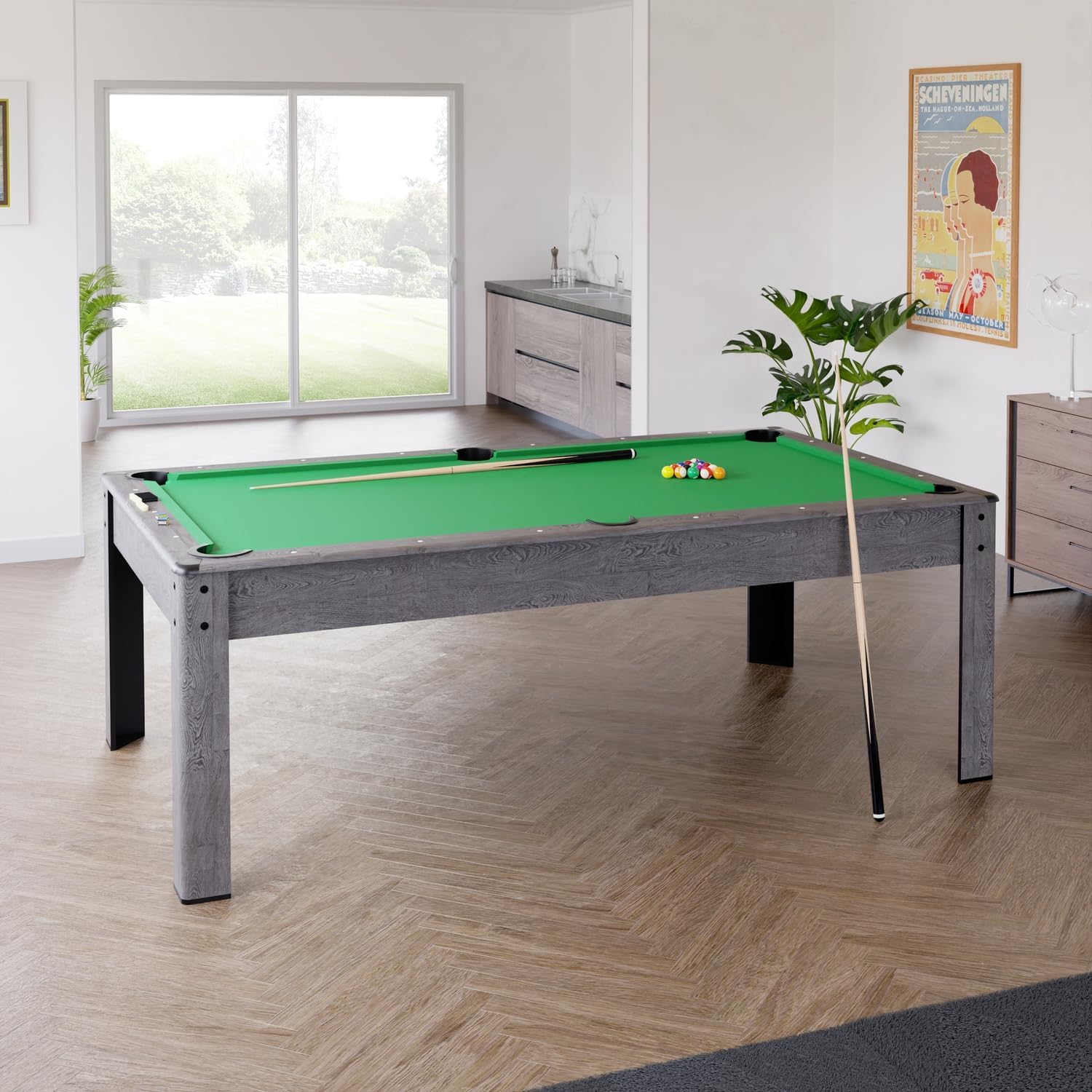 PLAY4FUN Mesa de Billar Convertible en Comedor | 2 en 1 Multifuncional | 226 x 126 x 80 cm | Tapete Verde con Retorno de Bolas | Accesorios Incluidos | Capacidad para 8 Personas | Color Gris