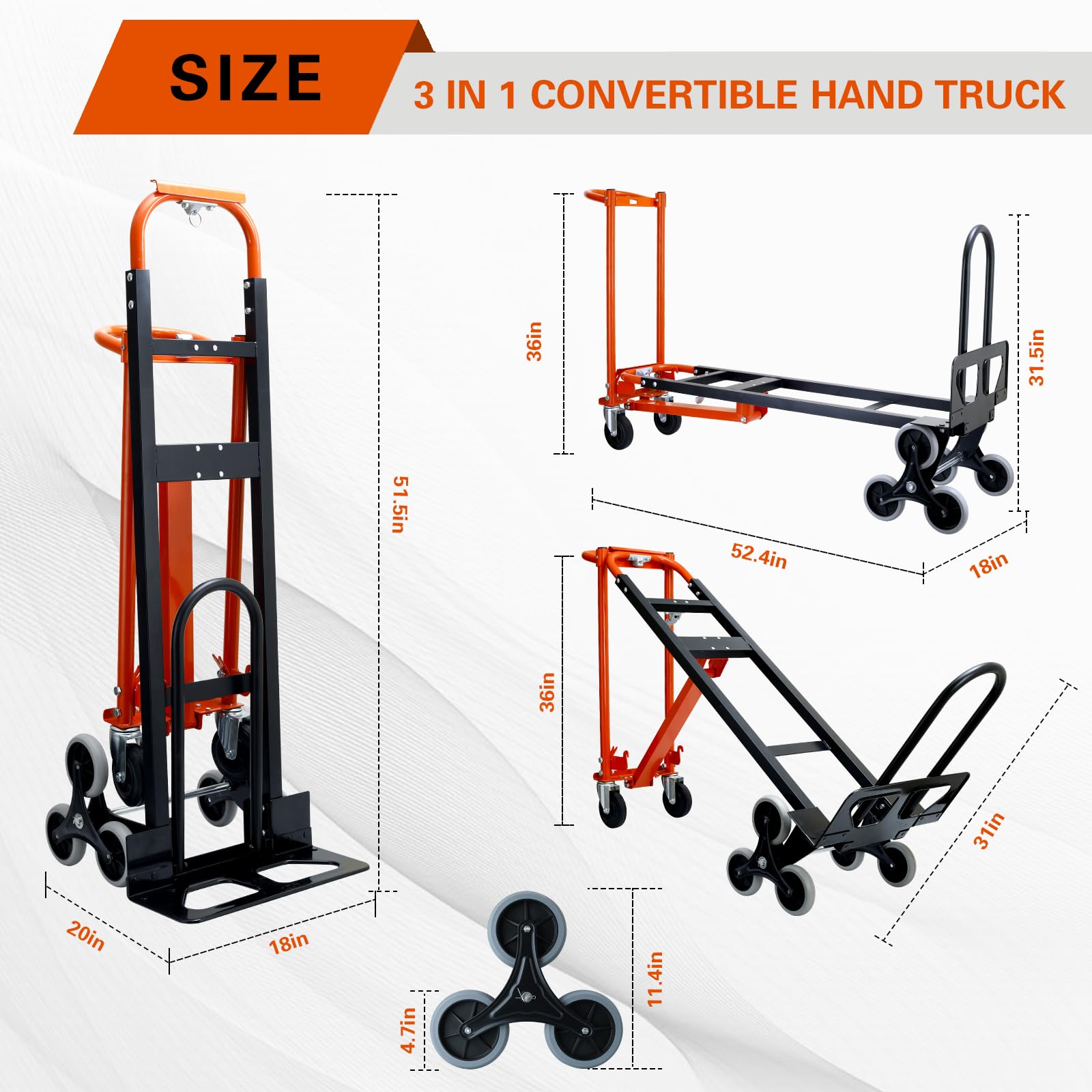 Carretilla de mano industrial convertible 3 en 1 de alta capacidad, carretilla de aluminio con capacidad de 450 kg para escaleras, carretilla de mano para subir escaleras con ruedas de
