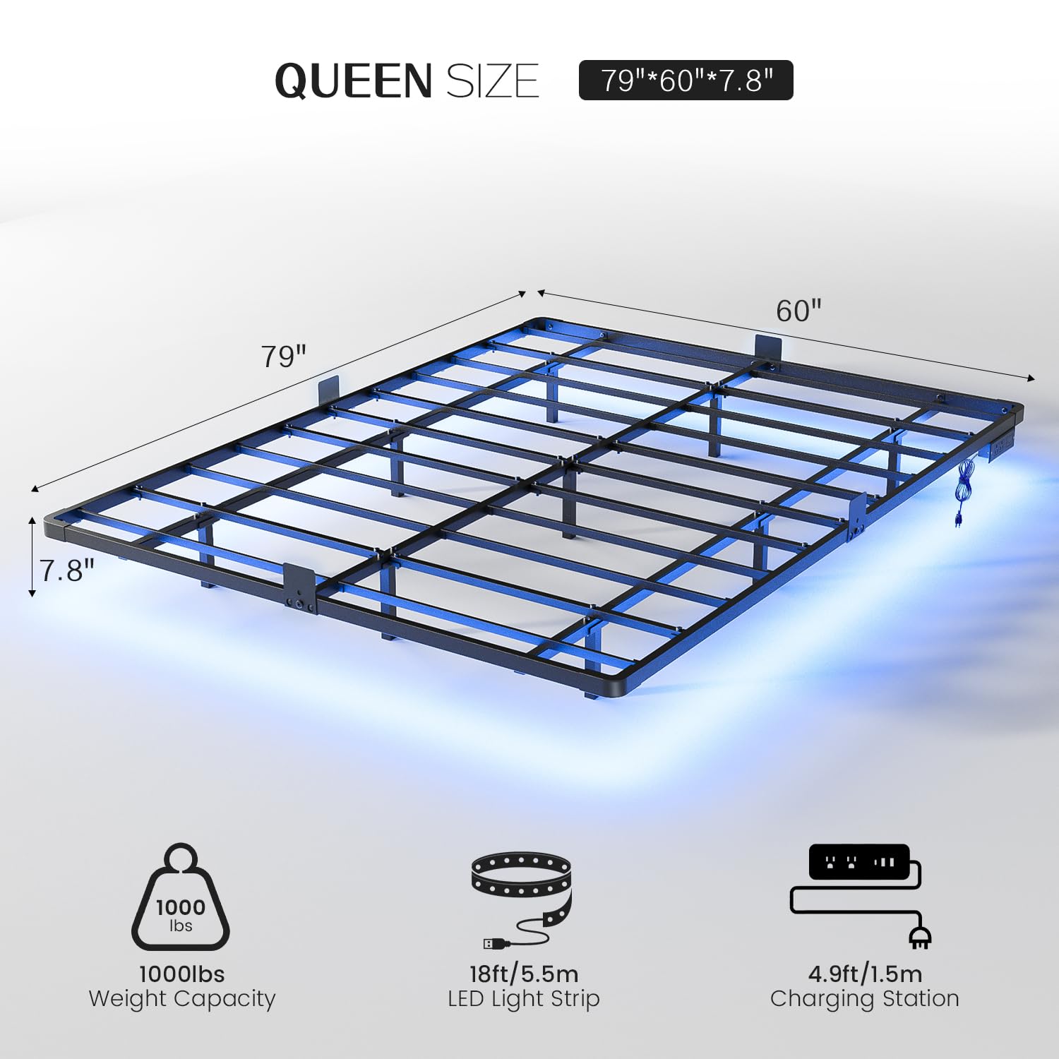 OLEVS - Marco de cama flotante tamaño Queen con luces LED inteligentes y estación de carga, cama moderna con plataforma de metal, fácil montaje, no necesita somier
