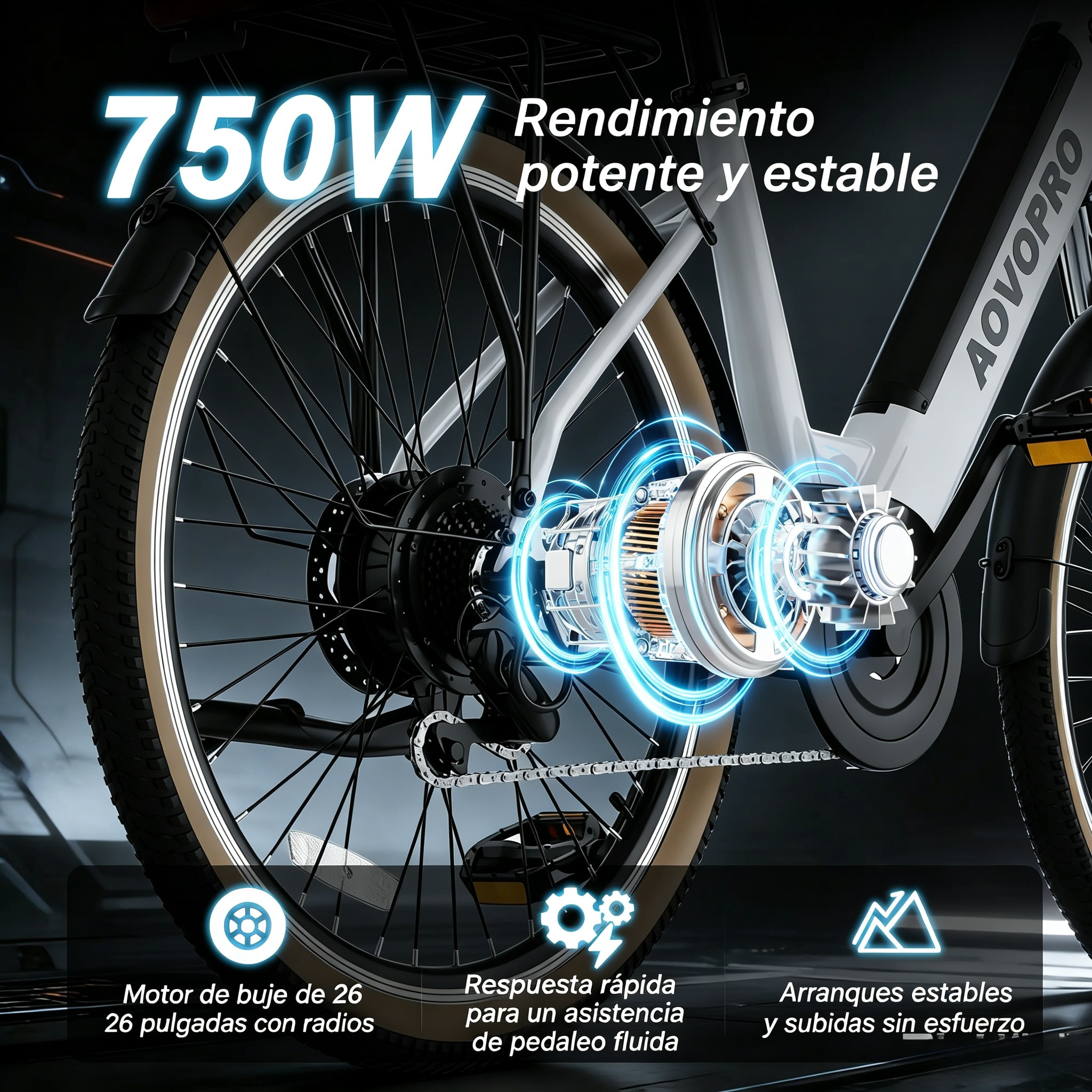 【AOVOPRO&HQYEX】 Bicicleta eléctrica de 26 pulgadas | Potencia máxima de 750 W | Velocidad máxima de 22 mph | Autonomía de 25 a 35 millas | Cuadro de acero de alto contenido en carbono | Batería extraíble | Frenos con corte de energía | Neumáticos todoterr