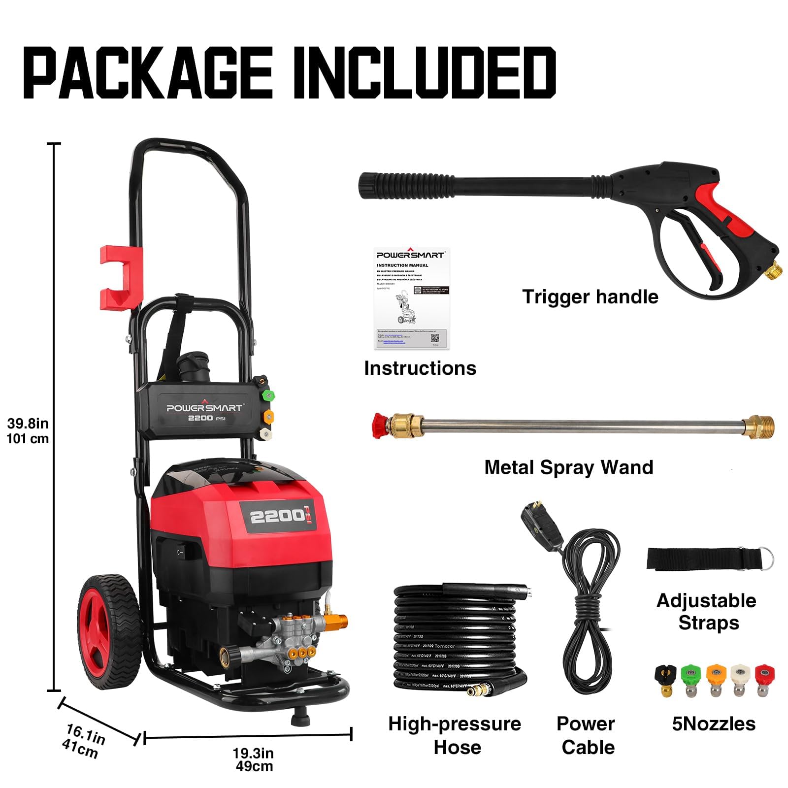 PowerSmart - Lavadora a presión eléctrica – 2200 PSI MAX 1.2 GPM Power Washer con Ruedas, Tanque de jabón a Bordo, Juego de 5 boquillas y Varita de Metal, Limpiador Profesional de Alta presión para