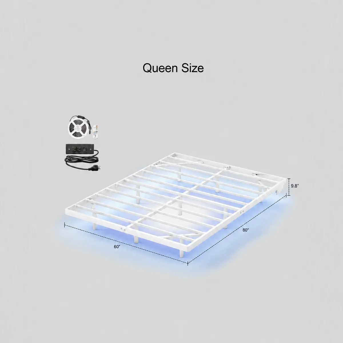 OLEVS - Marco de cama flotante tamaño Queen con luces LED inteligentes y estación de carga, cama moderna con plataforma de metal, fácil montaje, no necesita somier