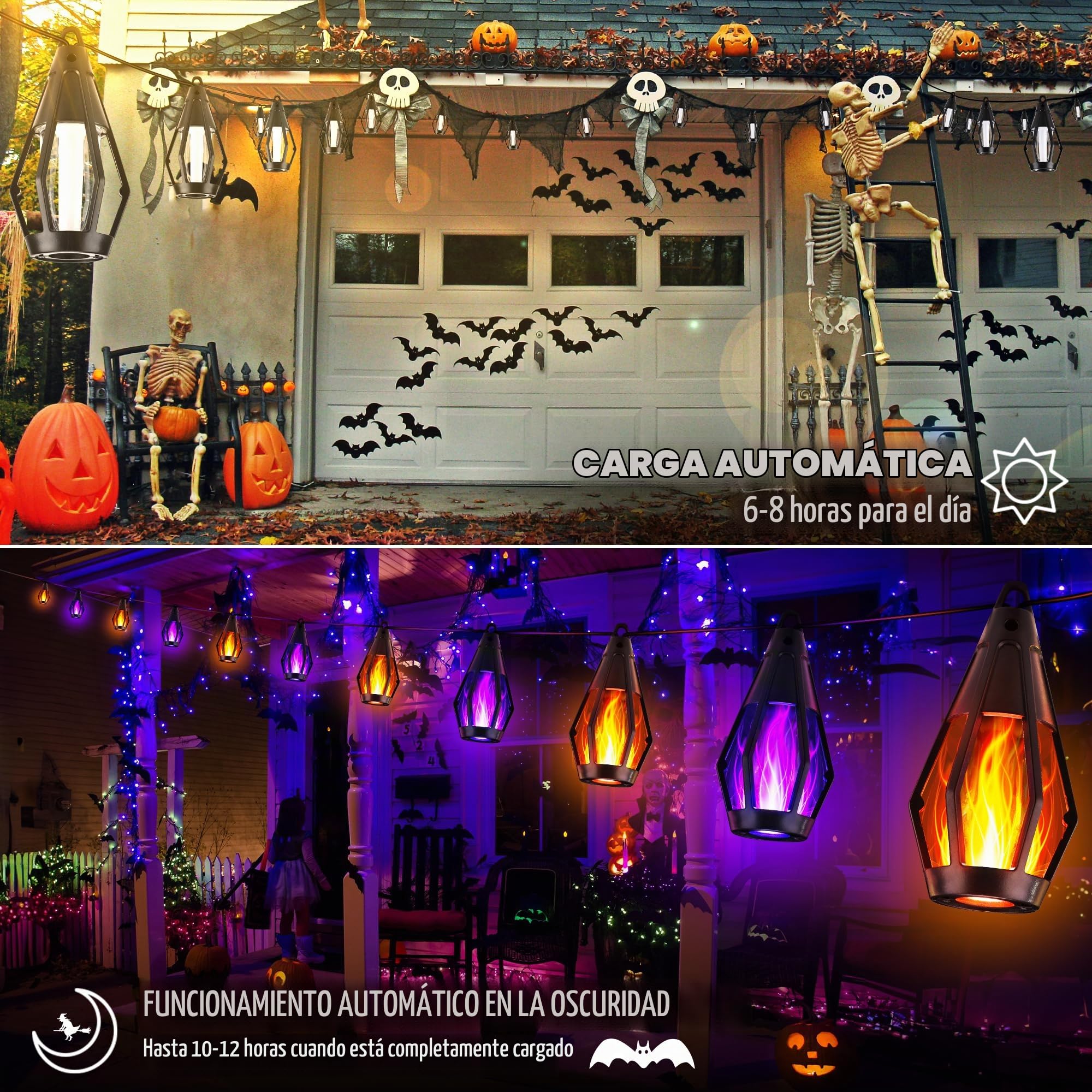 🎃 Luces Solares de Halloween 78 FT con 30 LED | Llama Parpadeante | Blanco Cálido + Púrpura
