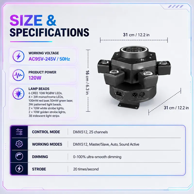 Luz de Fiesta DJ 120W RGBW con Cabeza Móvil 6 Ojos Láser y Efectos Estroboscópicos