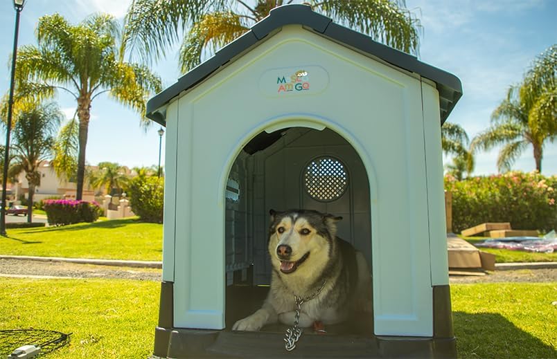 MASCOAMIGO Casa Térmica para Perros Razas Grandes Incluye Puerta con Seguro, Facil de Armar, Limpiar y Guardar, Medidas 105x88x99cm, con Protección UV