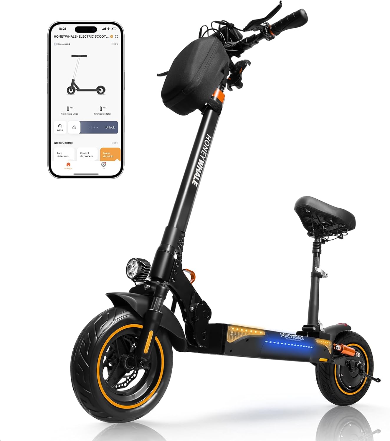 HONEYWHALE T4A Scooter Eléctrico Plegable para Adultos, Patin electrico con Motor de hasta 750W, Velocidad Máxima 40-45KM/H, Capacidad de la Batería 10AH, Autonomía 30-35KM（con Asientos）