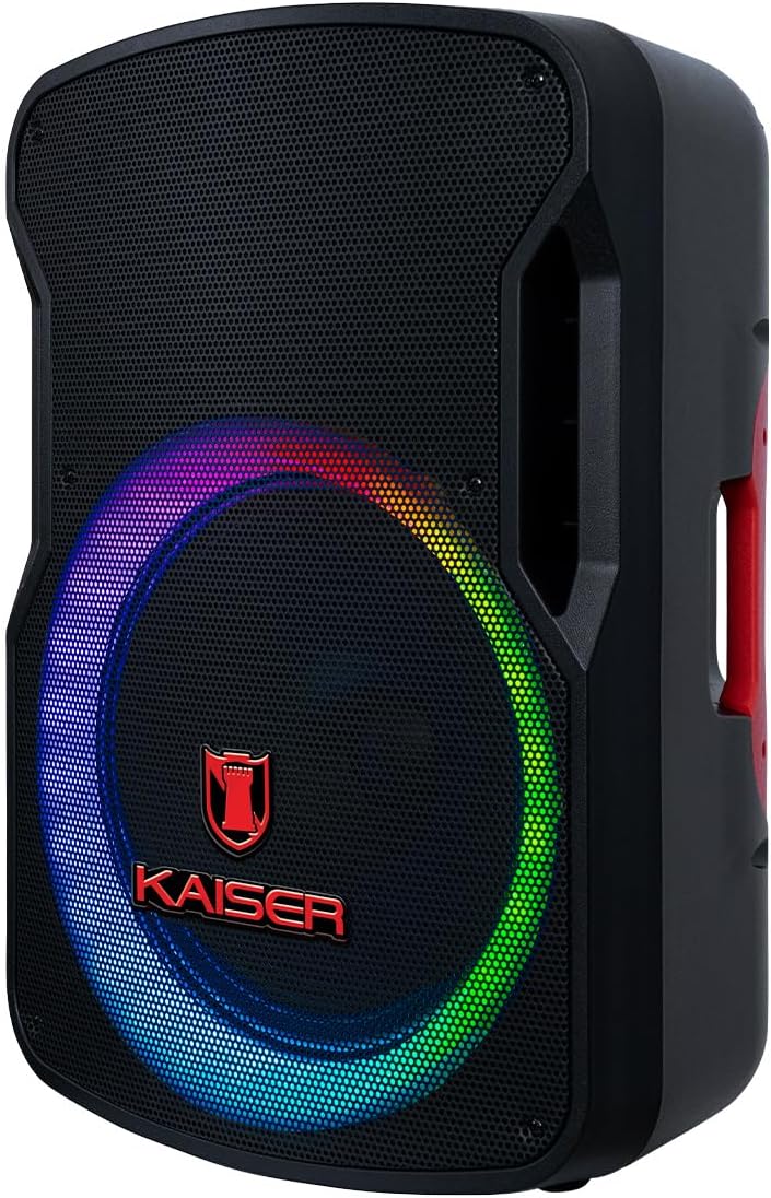 Kaiser Bafle Profesional Recargable, 15” y Potencia de 25,000 W PMPO Color Negro, Bluetooth, micrófono alámbrico y tripié metálico incluídos y Luz LED Multicolor, Tecnología KSR Link LED GEM-9515