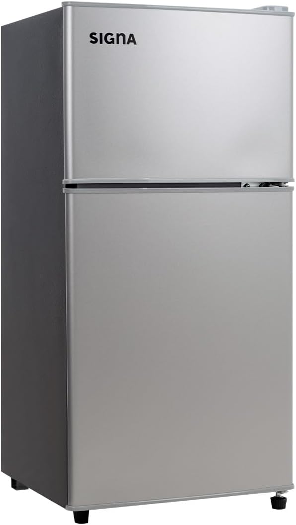 SIGNA Mini Refrigerador 86L (3 pies cubicos) Frigobar Compacto Silver Refrigerador Pequeño Con congelador de Acero Inoxidable Ideal Para Espacios Pequeños Frigobar Mini Multifuncional