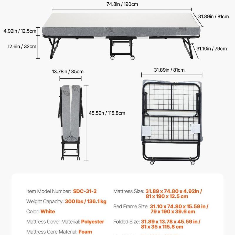 Cama Plegable de Metal para Adultos con Colchón de Espuma Viscoelástica de 5 Pulgadas Portátil y Fácil de Guardar