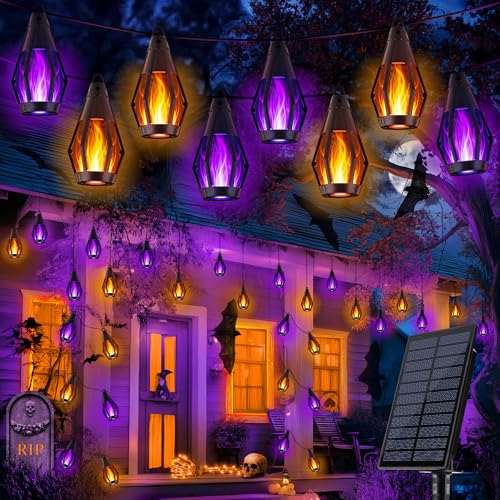 🎃 Luces Solares de Halloween 78 FT con 30 LED | Llama Parpadeante | Blanco Cálido + Púrpura