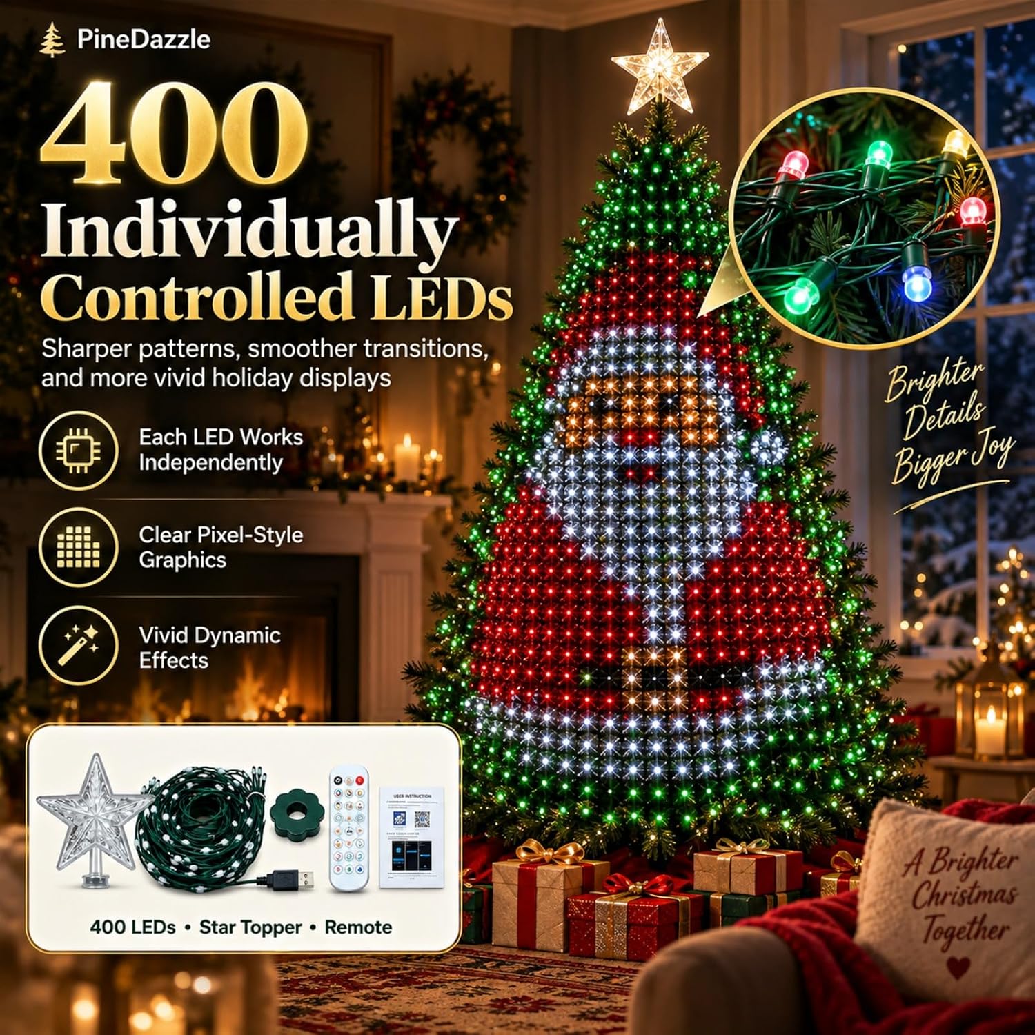 Árbol de Navidad con Luces LED Inteligentes 400 LED, Más de 200 Efectos, Control por APP y Remoto, USB