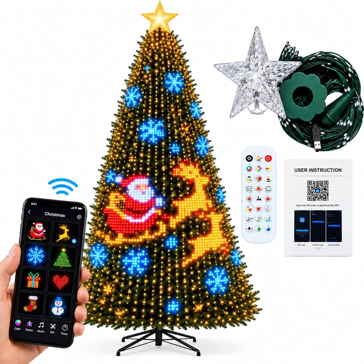Árbol de Navidad con Luces LED Inteligentes 400 LED, Más de 200 Efectos, Control por APP y Remoto, USB