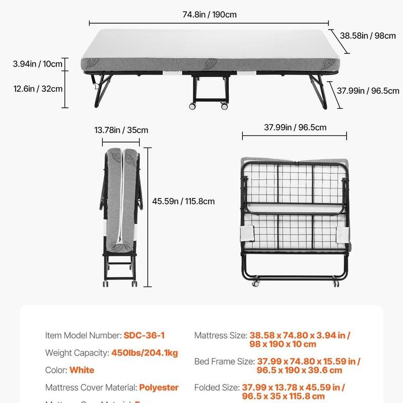 Cama Plegable de Metal para Adultos con Colchón de Espuma Viscoelástica de 5 Pulgadas Portátil y Fácil de Guardar