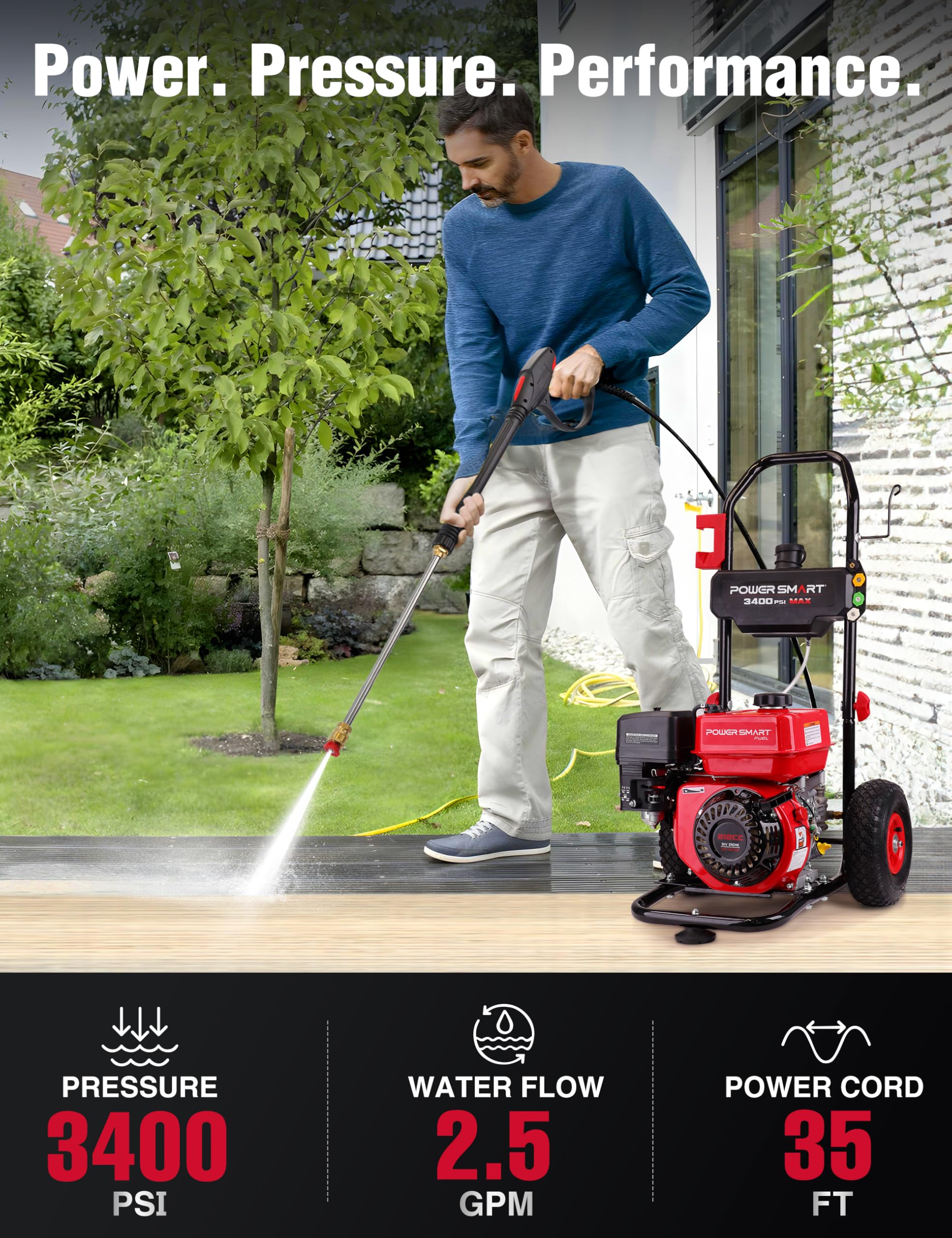 PowerSmart - Lavadora a presión eléctrica – 2200 PSI MAX 1.2 GPM Power Washer con Ruedas, Tanque de jabón a Bordo, Juego de 5 boquillas y Varita de Metal, Limpiador Profesional de Alta presión para