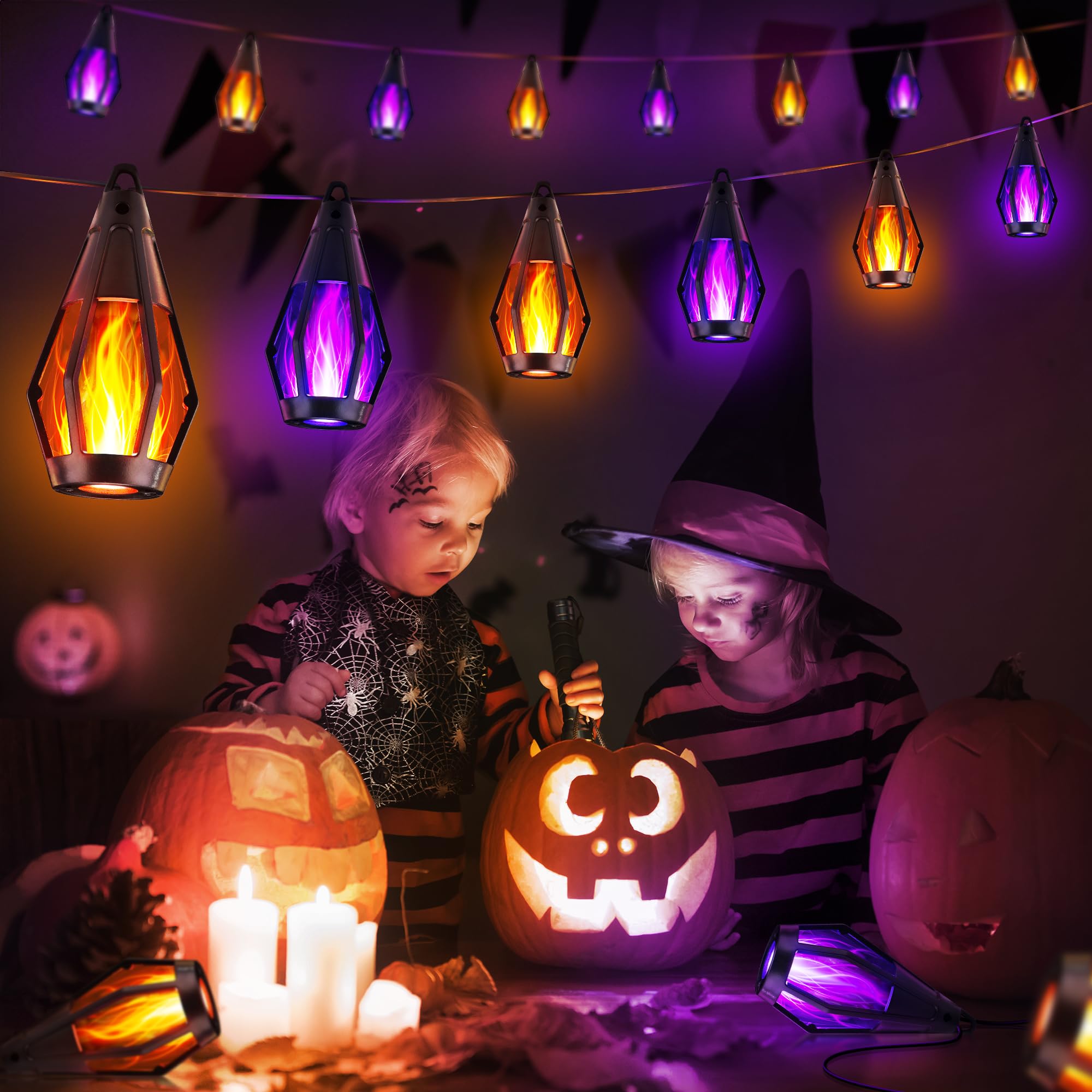 🎃 Luces Solares de Halloween 78 FT con 30 LED | Llama Parpadeante | Blanco Cálido + Púrpura