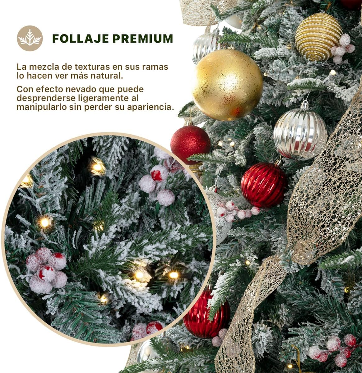 ESQUIMAL Árbol de Navidad Nevado con Luces LED 8 Modos de Iluminación + Estrella + Piñas + Bayas Rojas (1.80 m)