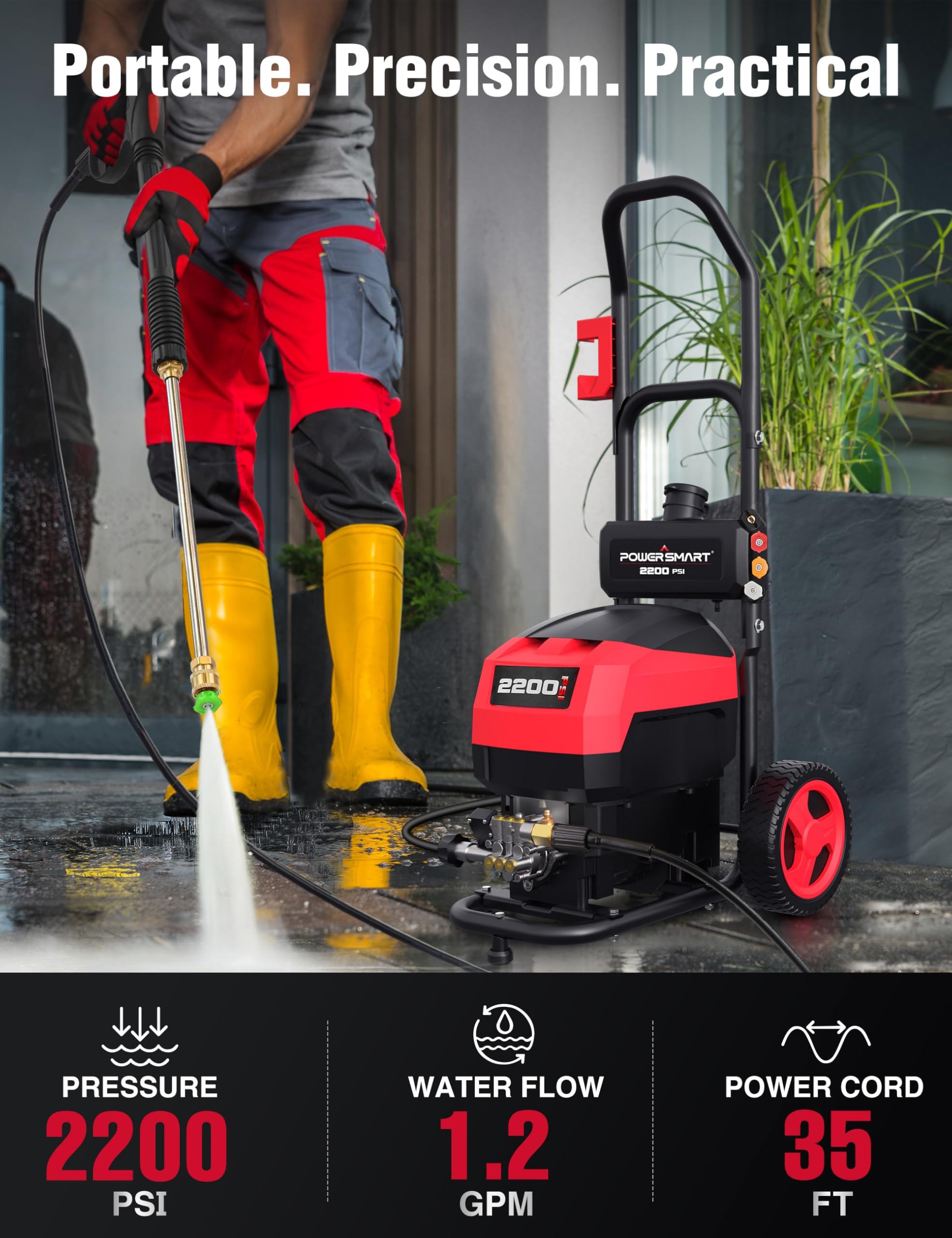 PowerSmart - Lavadora a presión eléctrica – 2200 PSI MAX 1.2 GPM Power Washer con Ruedas, Tanque de jabón a Bordo, Juego de 5 boquillas y Varita de Metal, Limpiador Profesional de Alta presión para