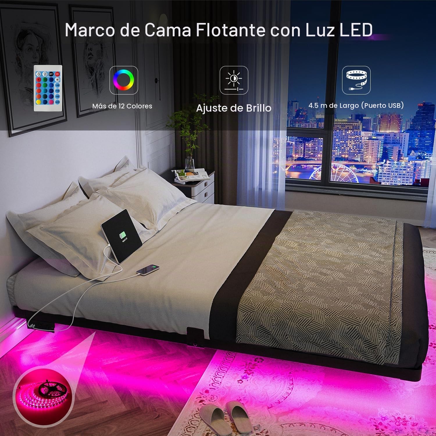 OLEVS - Marco de cama flotante tamaño Queen con luces LED inteligentes y estación de carga, cama moderna con plataforma de metal, fácil montaje, no necesita somier