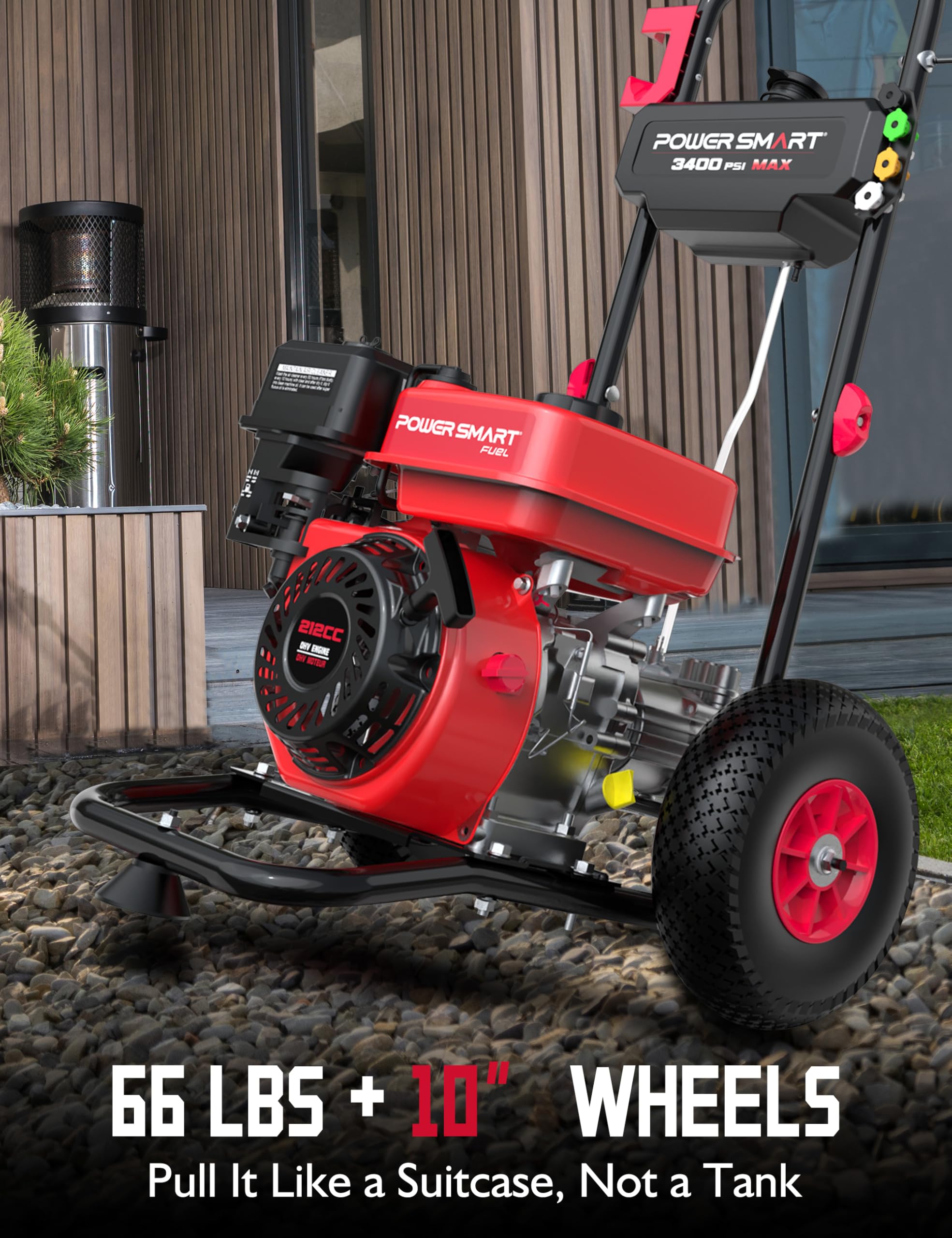 PowerSmart - Lavadora a presión eléctrica – 2200 PSI MAX 1.2 GPM Power Washer con Ruedas, Tanque de jabón a Bordo, Juego de 5 boquillas y Varita de Metal, Limpiador Profesional de Alta presión para