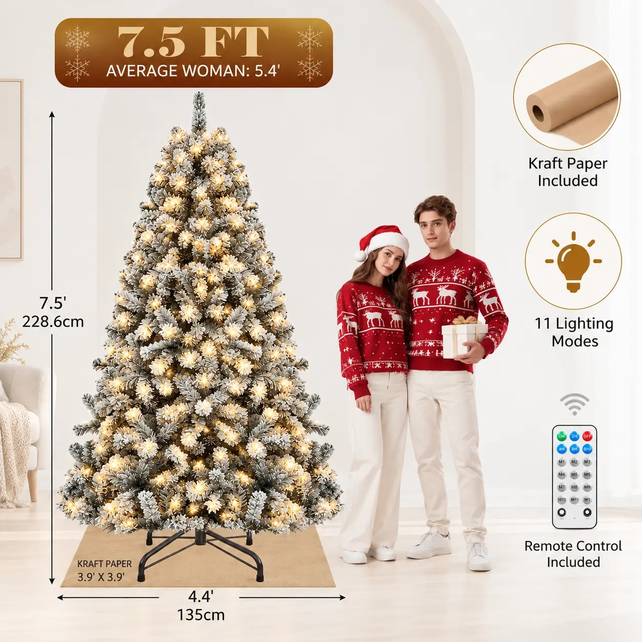 【11 modos de iluminación】 Árbol de Navidad artificial YITAHOME (disponible en 4,5 / 6 / 7,5 / 9 pies) con puntas de PVC y luces de color blanco cálido; ideal para la decoración del hogar o la oficina.