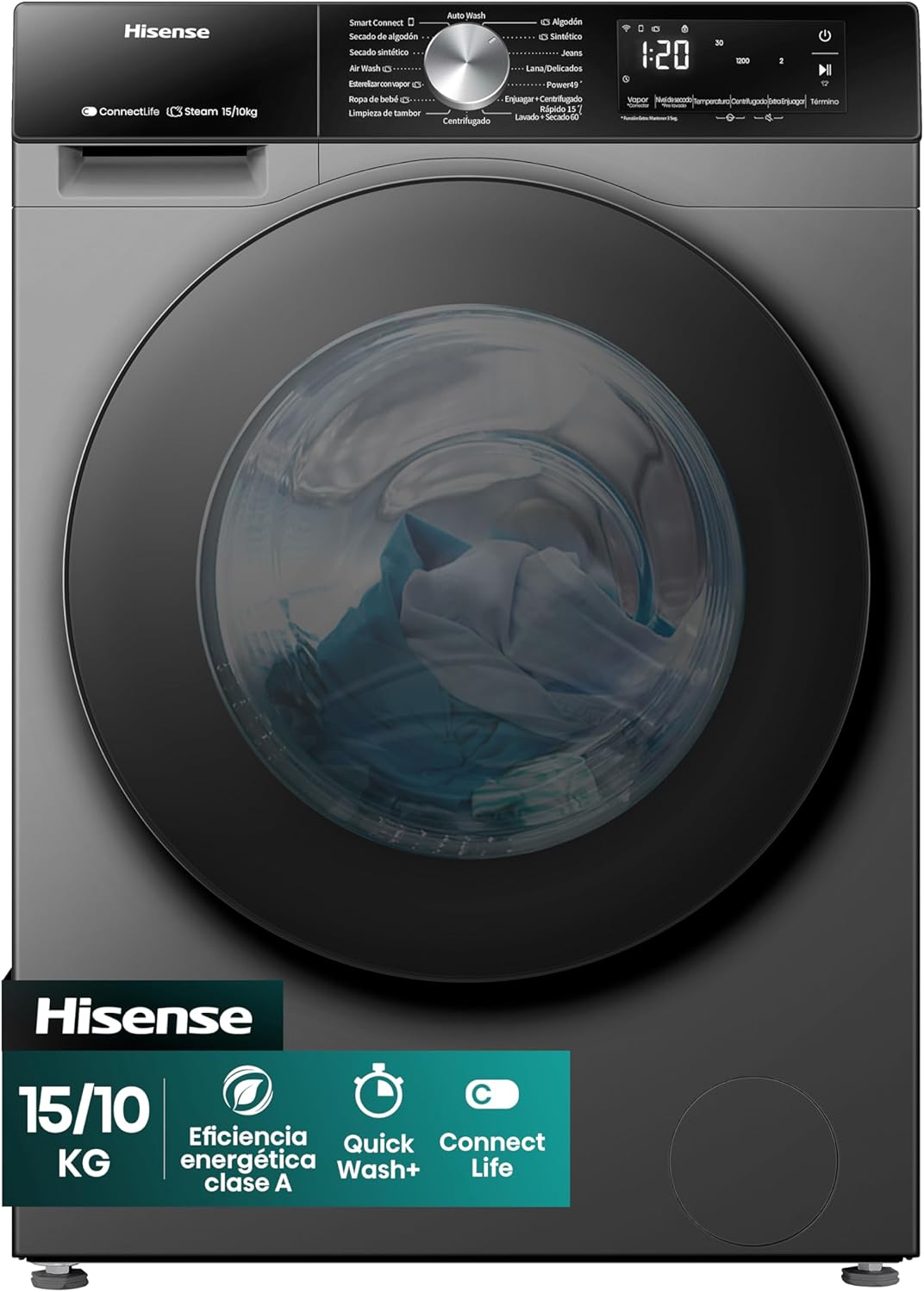 Lavasecadora Inverter Hisense 15 Kilos Carga Frontal Gris WD3S1543BT
