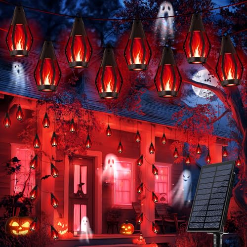 🎃 Luces Solares de Halloween 78 FT con 30 LED | Llama Parpadeante | Blanco Cálido + Púrpura