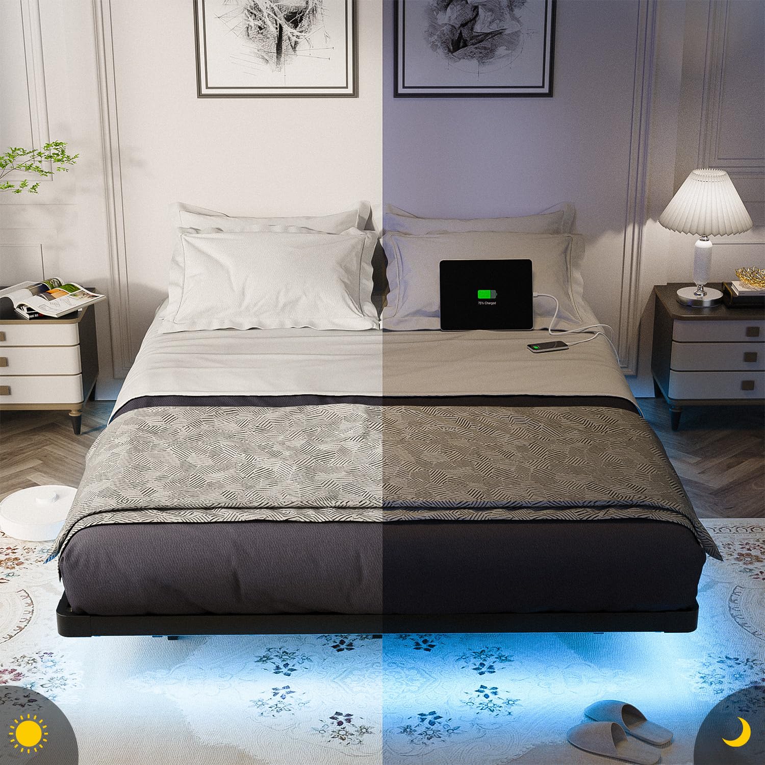 OLEVS - Marco de cama flotante tamaño Queen con luces LED inteligentes y estación de carga, cama moderna con plataforma de metal, fácil montaje, no necesita somier