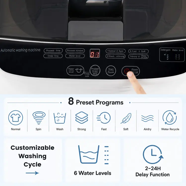Lavadora portátil totalmente automática COSTWAY con pantalla LED y bomba de drenaje; combinación compacta de lavadora y secadora para el hogar, dormitorios, apartamentos, autocaravanas y campamentos.