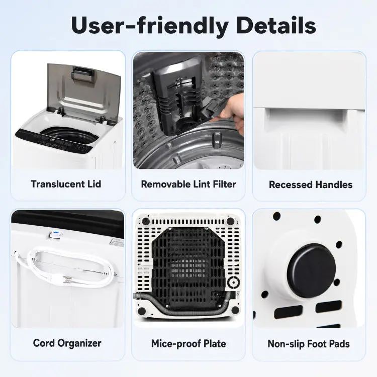 Lavadora portátil totalmente automática COSTWAY con pantalla LED y bomba de drenaje; combinación compacta de lavadora y secadora para el hogar, dormitorios, apartamentos, autocaravanas y campamentos.