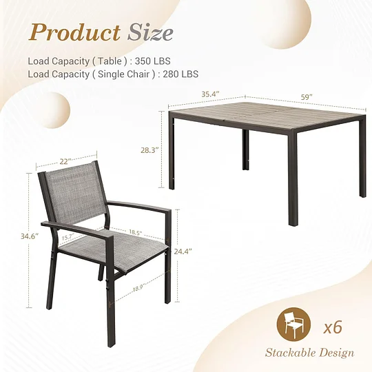 Juego de comedor para patio, 7 piezas, marco de metal, muebles de exterior con 6 sillas de textileno y mesa rectangular, juego de conversación de cocina familiar para patio trasero, césped, terraza (café)