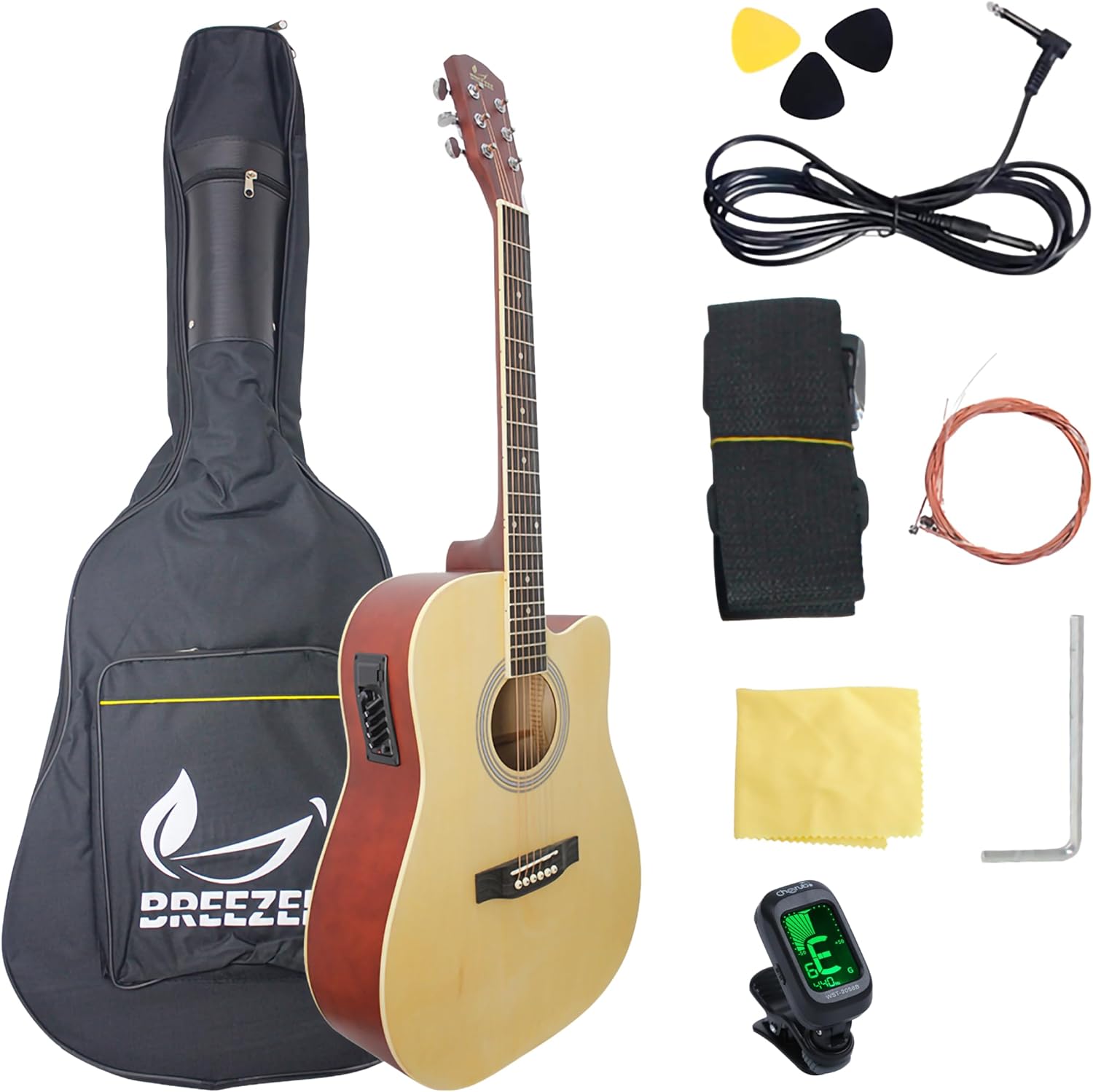 BREEZEE Guitarra Electroacústica de 41 Pulgadas con Cuerdas de Metal, Ecualizador de 4 Bandas, Incluye Funda, Afinador, Cuerdas Extra, Cable Auxiliar y Más, Guitarra Para Expertos Y Principiantes