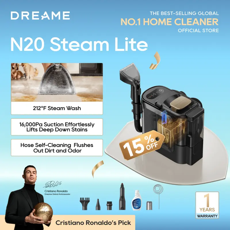 DREAME N20 Steam Lite Limpiadora Portátil con Vapor 212°F, Agua Caliente 150°F y Succión de 16,000 Pa para Alfombras, Sofás y Auto
