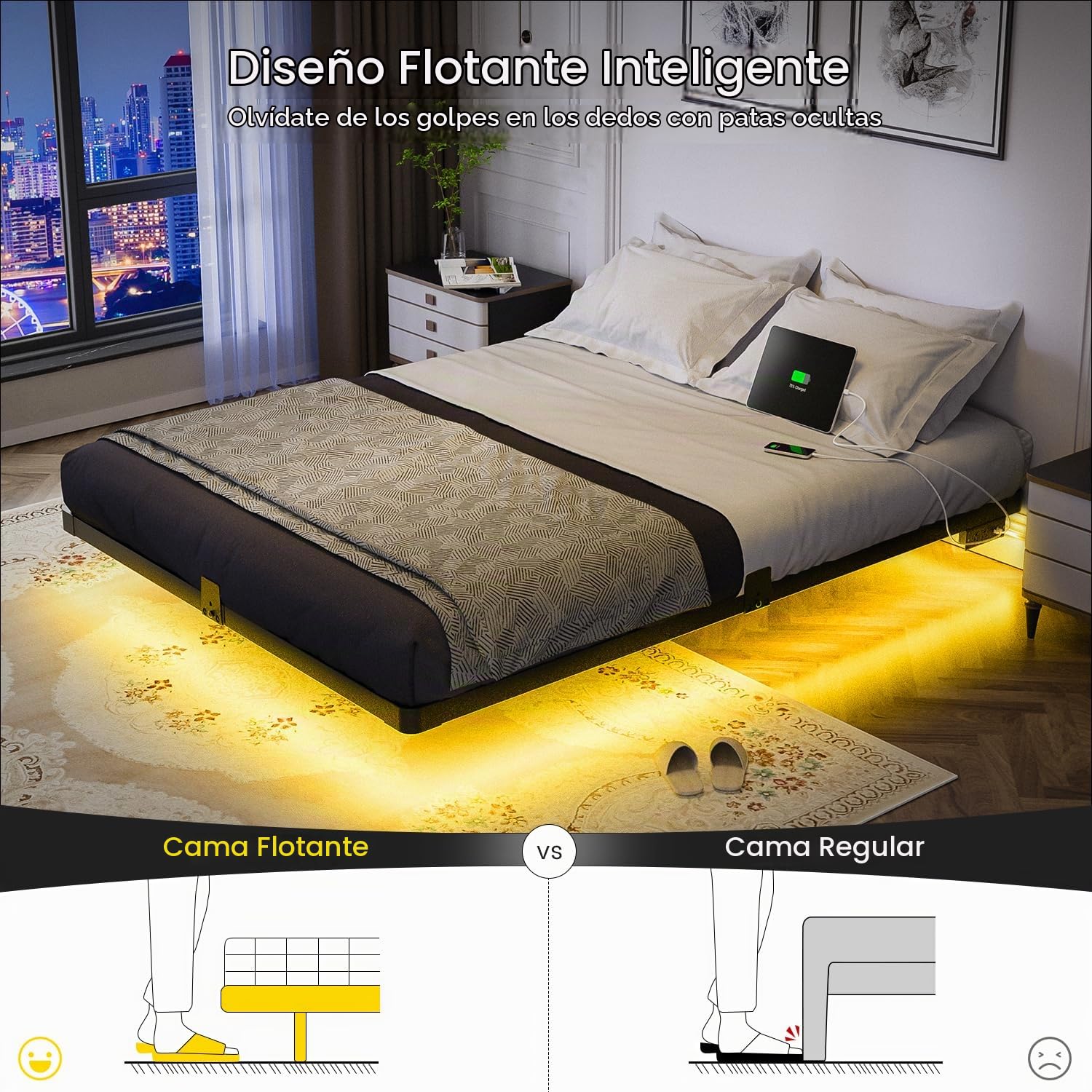 OLEVS - Marco de cama flotante tamaño Queen con luces LED inteligentes y estación de carga, cama moderna con plataforma de metal, fácil montaje, no necesita somier