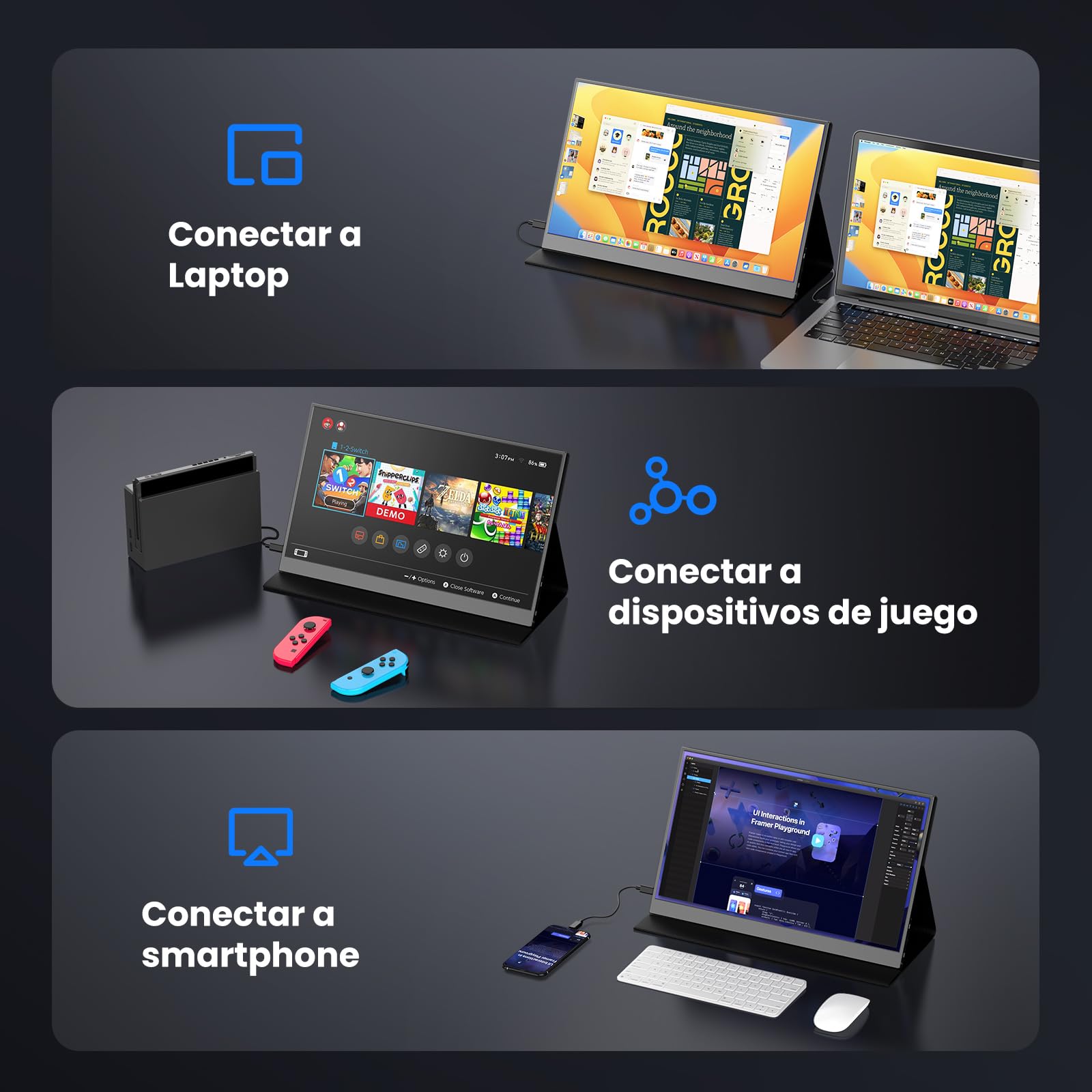 Szory Extensor de Pantalla para Laptop, Monitor Portátil IPS FHD 1080P de 14", Pantalla Triple Compatible con Laptops de 14" a 16", Windows y Mac, Incluye Bolsa de Transporte
