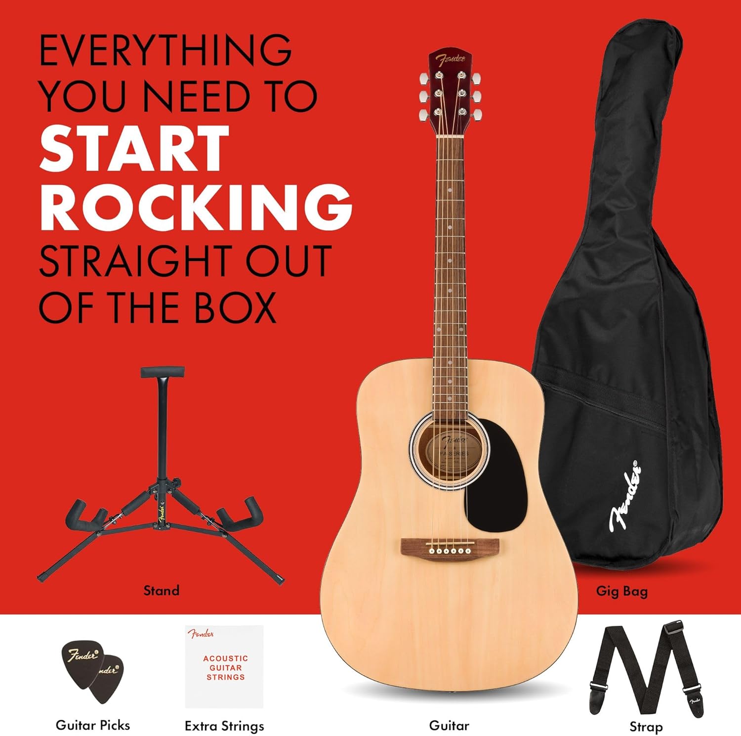 Fender Alternative Series Dreadnought Kit de guitarra acústica para principiantes, con 2 años de garantía, incluye bolsa acolchada para conciertos, soporte para guitarra, correa de guitarra y más