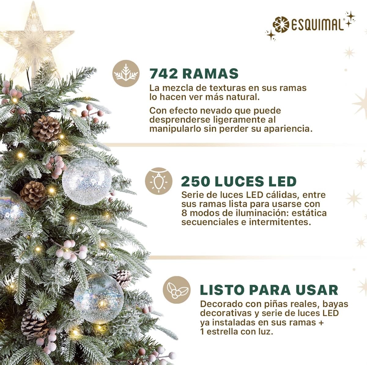 ESQUIMAL Árbol de Navidad Nevado con Luces LED 8 Modos de Iluminación + Estrella + Piñas + Bayas Rojas (1.80 m)