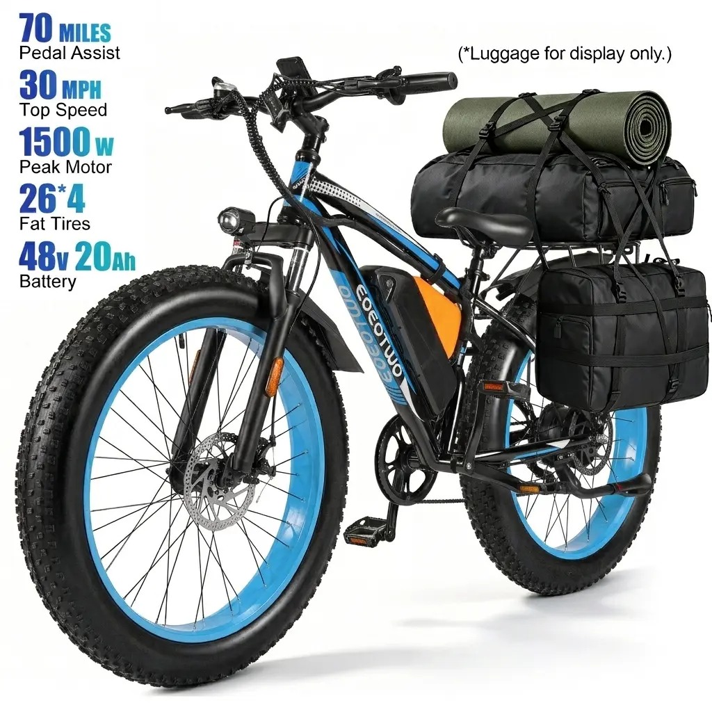 Bicicleta eléctrica con motor de 1500 W de potencia máxima, suspensión delantera, batería de 48 V y 15 Ah, neumáticos de 26" x 4,0", velocidad superior a 30 mph y autonomía de 70 millas; ideal para nieve, montaña y carretera.