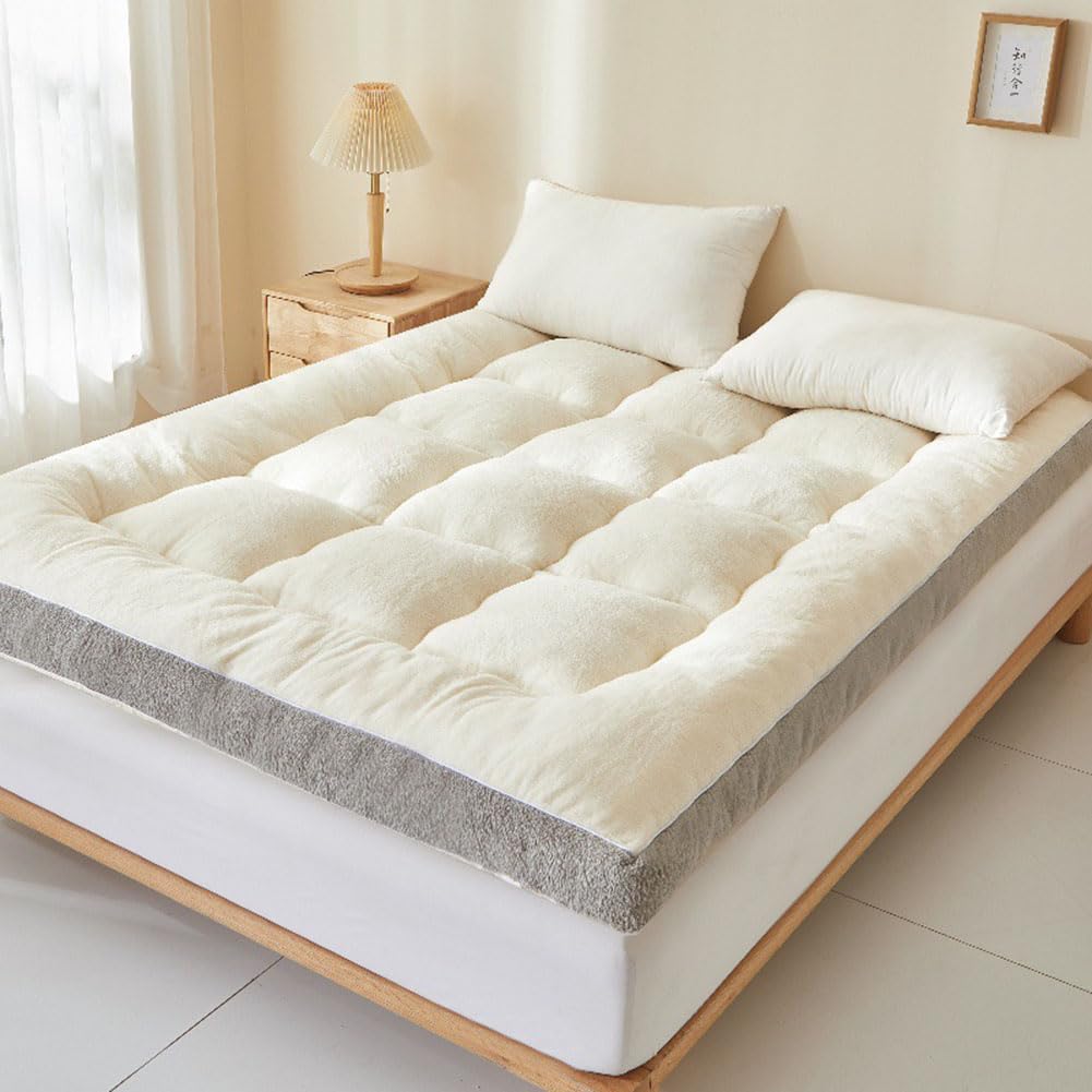 Colchón Futón de Terciopelo de Leche,Colchoneta Tatami Plegable y con Relleno de Fibra,Colchón de Piso para Invierno,Habitación de Huéspedes,Viaje(Queen(60x80in), Gray White)