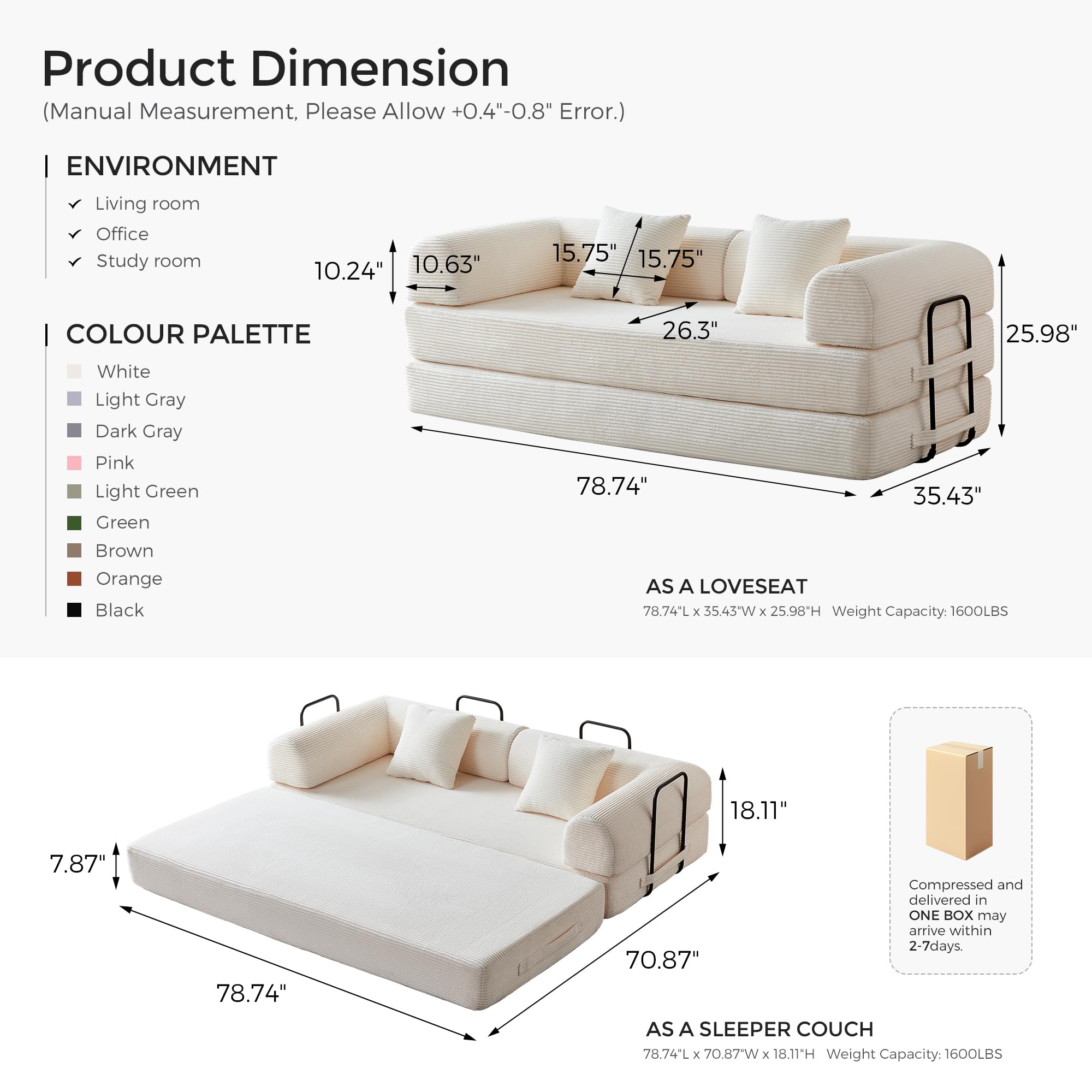 Sofá cama convertible de 79 pulgadas, sofá sin huesos, para sala de estar, gris oscuro