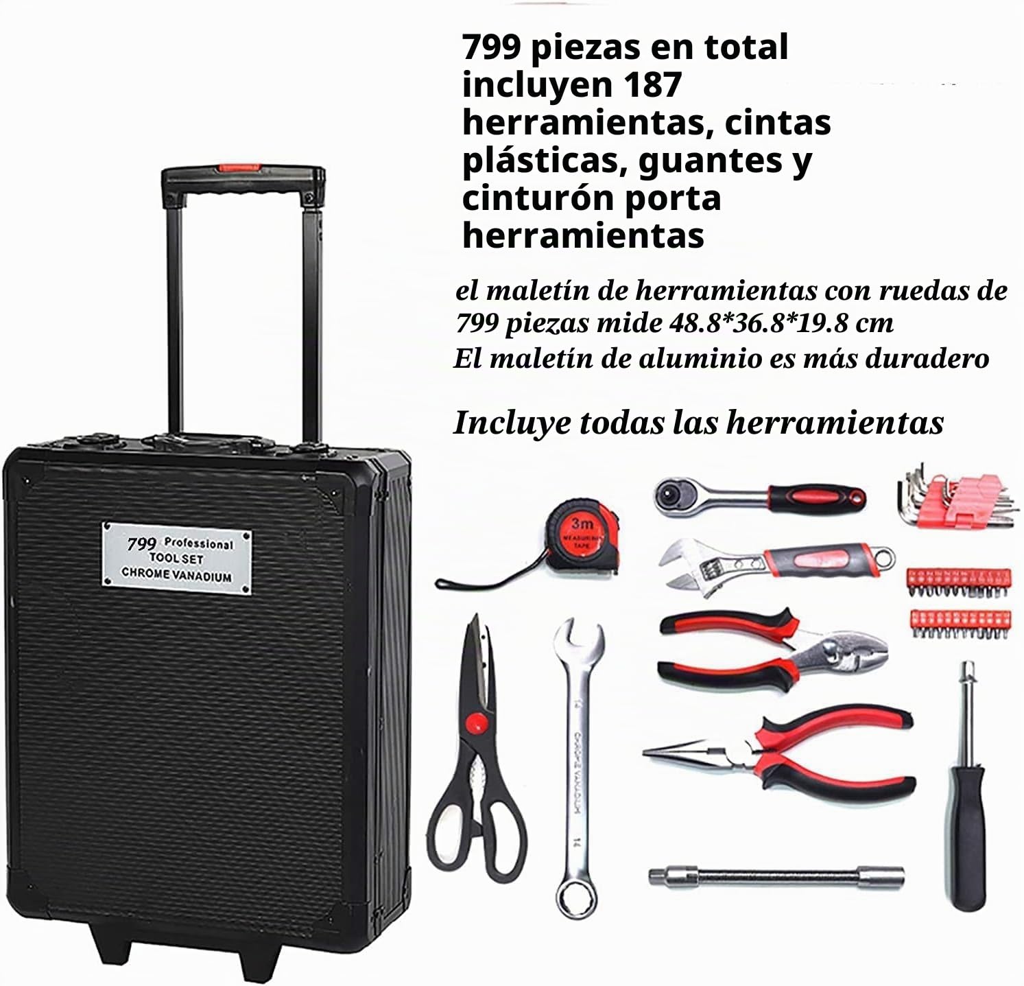 Arcwares Juego de herramientas de aluminio de 799 piezas, color plateado, juego de herramientas de mano para el hogar, con cinturón de herramientas, regalo en el día del padre (negro)