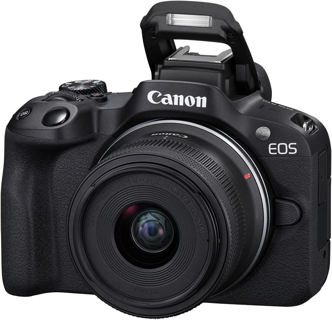Canon EOS R50 Cámara de vlogging sin Espejo (Negro) con RF-S18-45mm F4.5-6.3 es Lente STM, 24.2 MP, Video 4K, detección y Seguimiento de Temas, Compacto, conexión de Smartphone, creador de Contenido