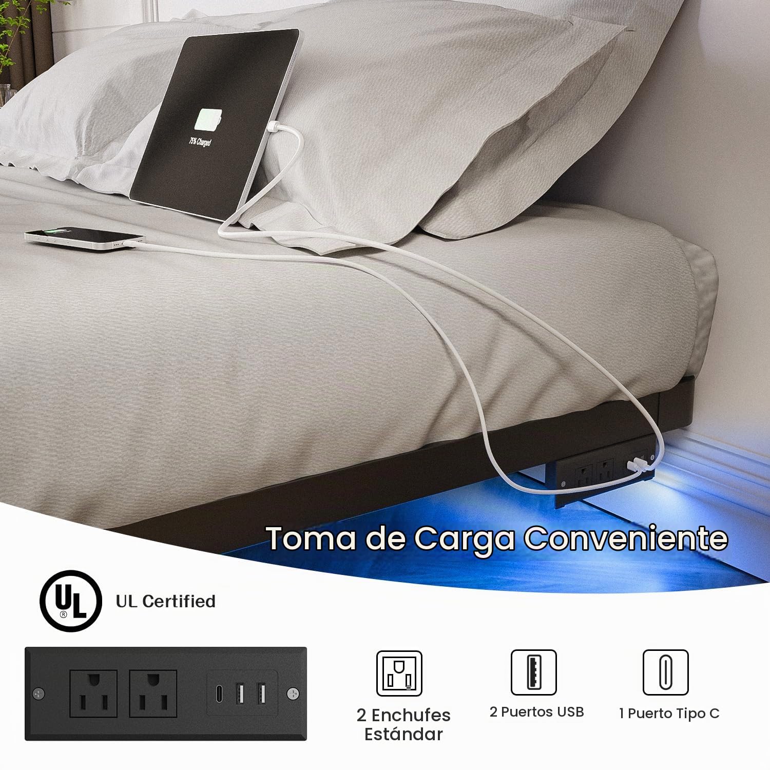 OLEVS - Marco de cama flotante tamaño Queen con luces LED inteligentes y estación de carga, cama moderna con plataforma de metal, fácil montaje, no necesita somier
