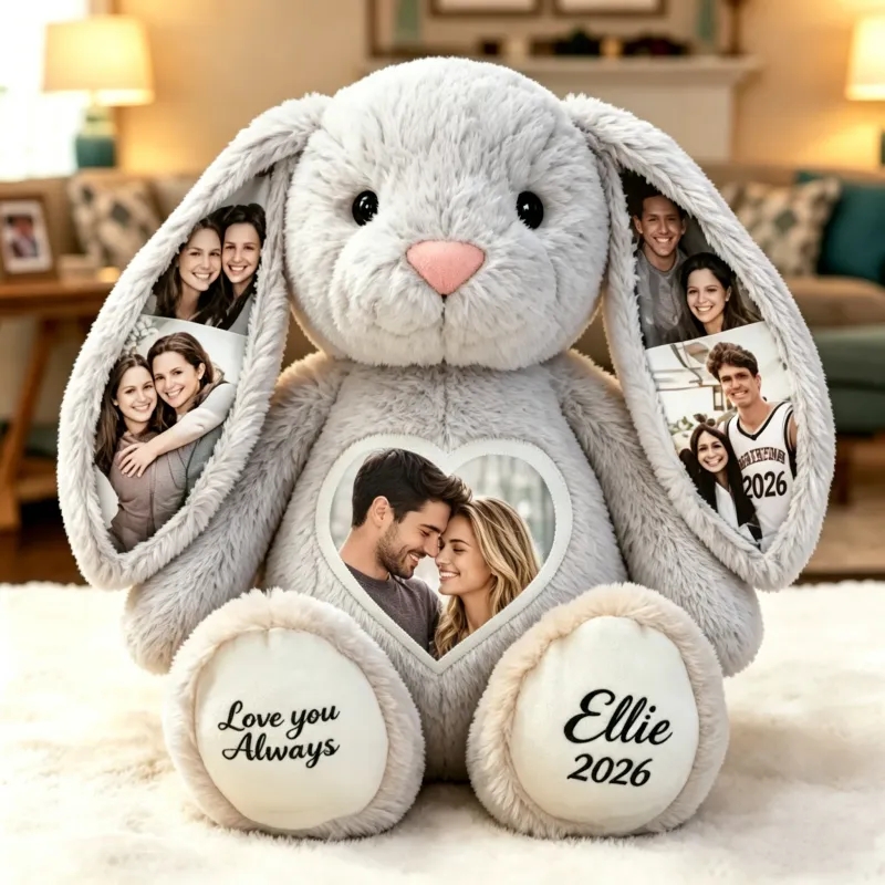 Custom Color Illustrations Photo Bunny Plush – Personalized Hidden Ear Picture Bunny Custom Text Anniversary Gift for Couples-Veria Gifts