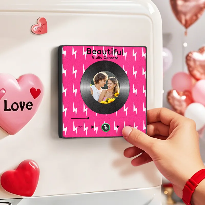 FridgeBeats Framed 4.0 Custom Photo Fridge Magnet with Pink Lightning Pattern Vinyl Cover Photo Music Player Fridge Magnet Valentines Gift-Veria Gifts